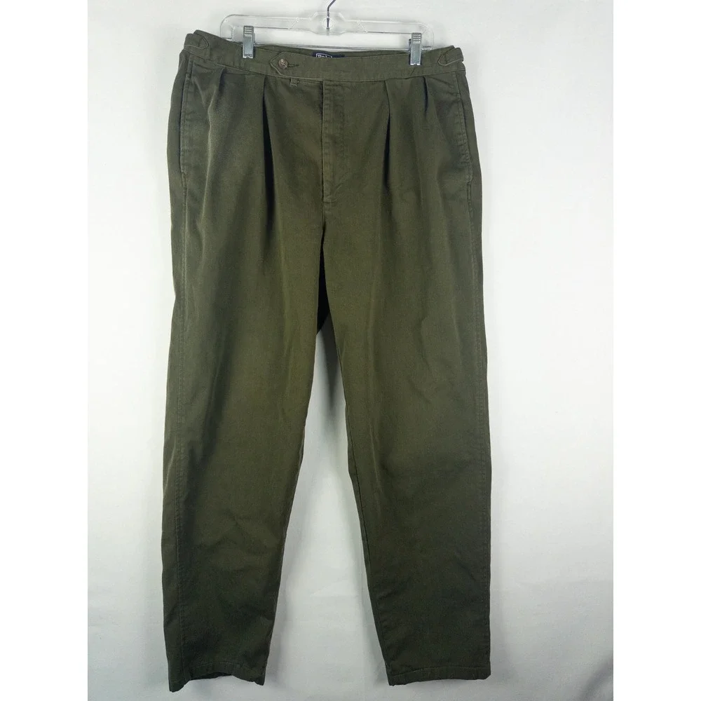 Vintage Polo Ralph Lauren Pleated Chino Pants Mens 38x36 (36x31) Olive Green Mad
